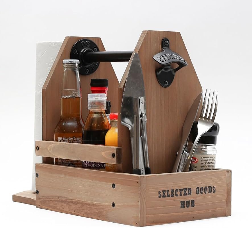 Rustic Wooden BBQ Caddy Organizer, Portable Condiment and Paper Towel 