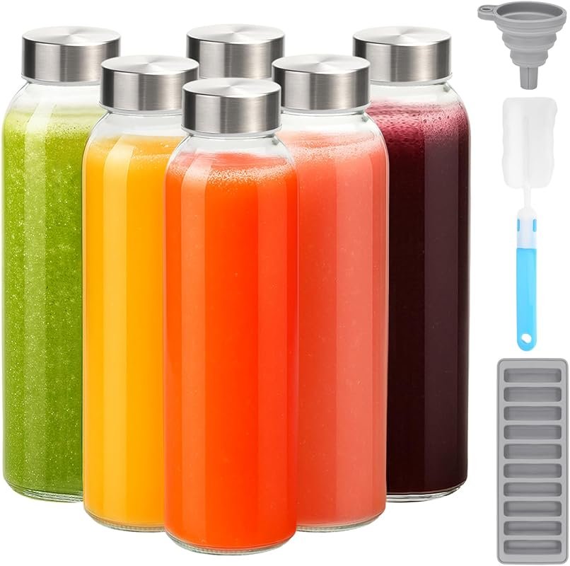 Zukro 24 oz Glass Water Bottles with Airtight Cap - 6-Pack Reusable Le