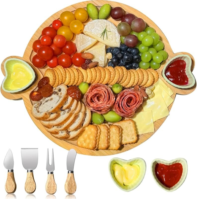 Round Bamboo Charcuterie Board, Cute Cheese Serving Tray - Ideal House