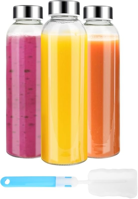Luxfuel 18 oz Glass Bottles with Steel Cap - 3-Pack Reusable Leak Proo