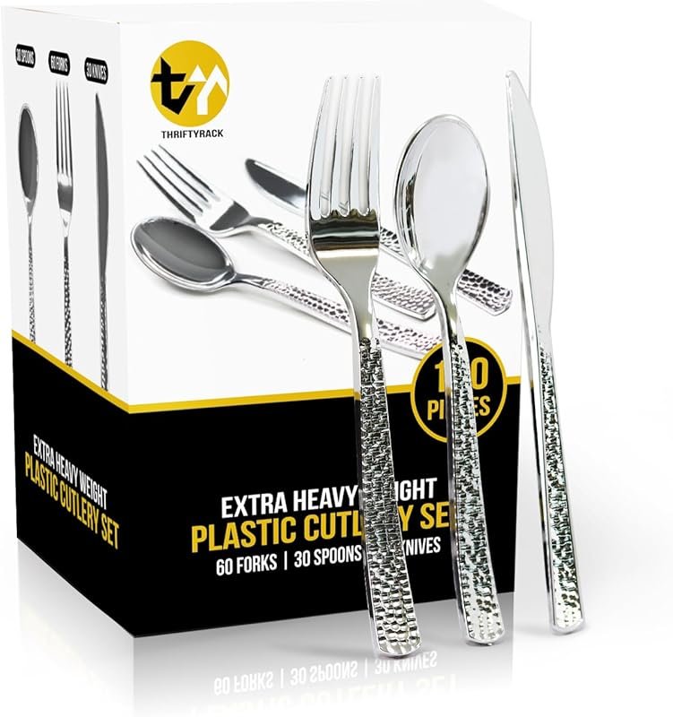 120-Piece Heavy Duty Disposable Silvery Plastic Cutlery Set with Forks