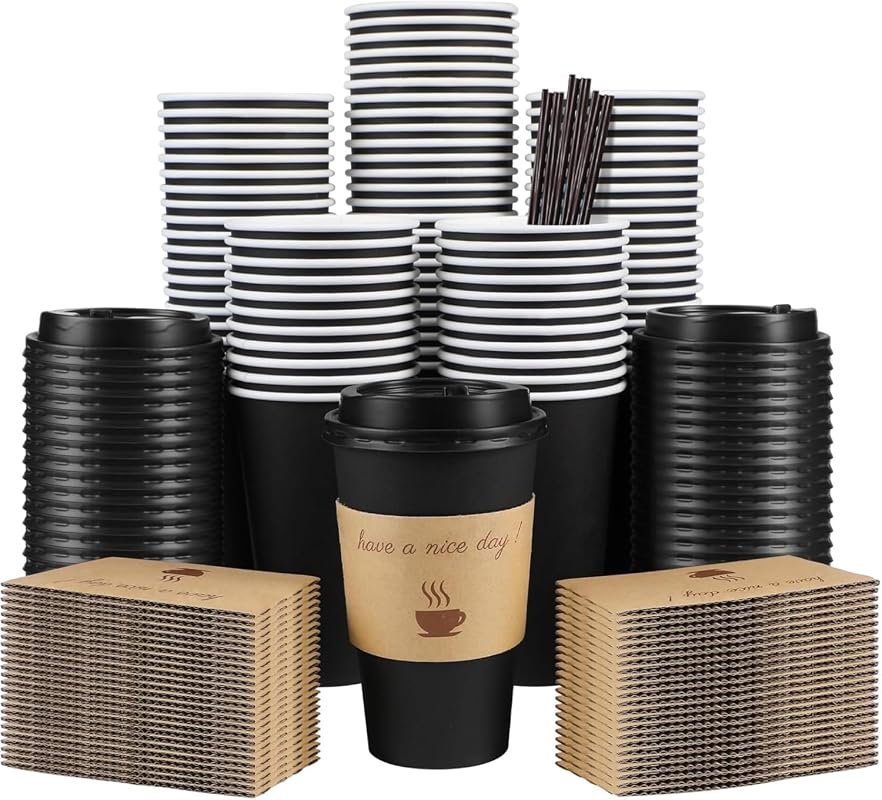 Clawsoff 100-Pack 16 oz Disposable Coffee Cups with Lids, Sleeves, and