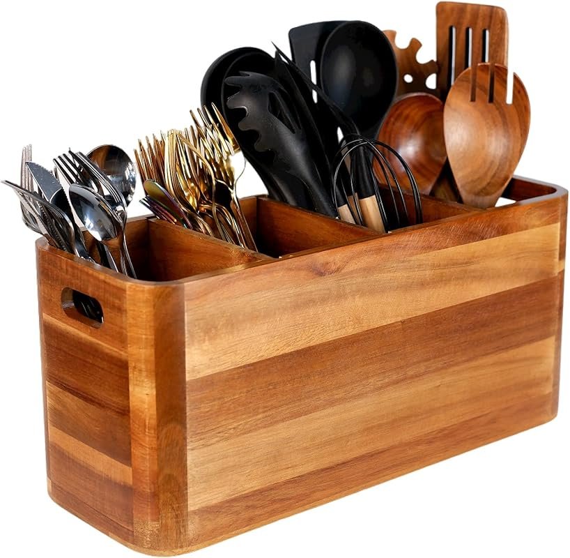 Large Wooden Kitchen Utensil Holder: Acacia Rustic Wood Organizer with