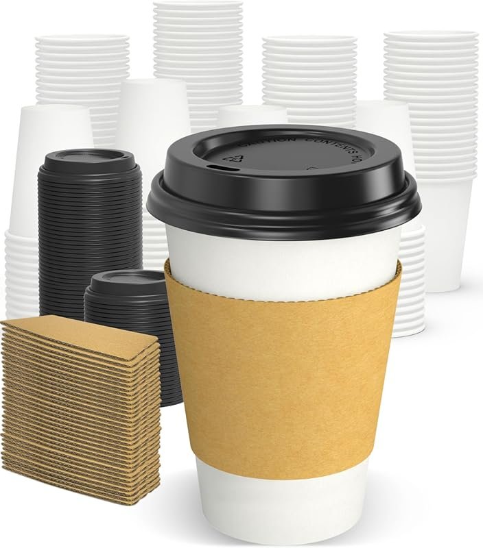 Dealusy 100-Pack 12 oz Disposable Coffee Cups with Lids, Sleeves, Stur