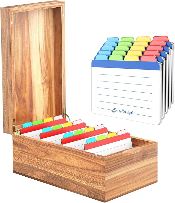 Neando Acacia Index Card Holder Box, 4x6, with Dividers, 4 Compartment