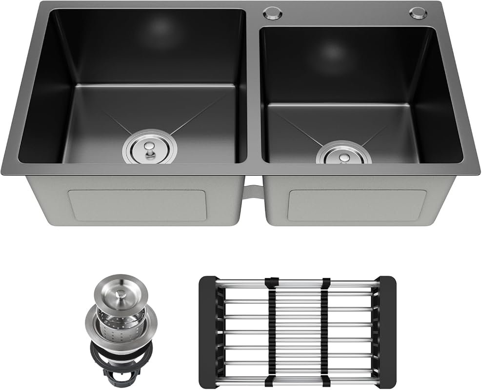 30-Inch Black Drop-in Double Bowl Kitchen Sink, 304 Stainless Steel wi
