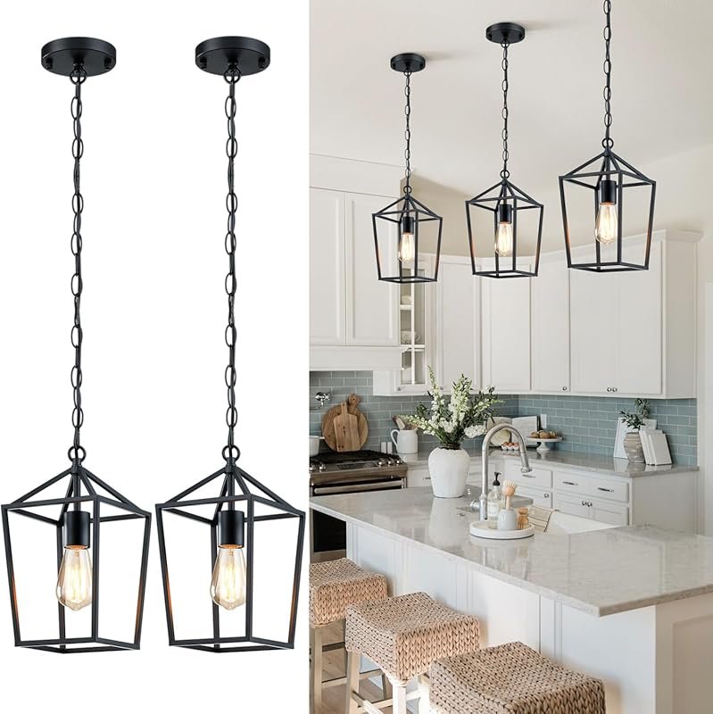 Sheetea 2-Pack Farmhouse Black Pendant Lights, Metal Cage Design Hangi