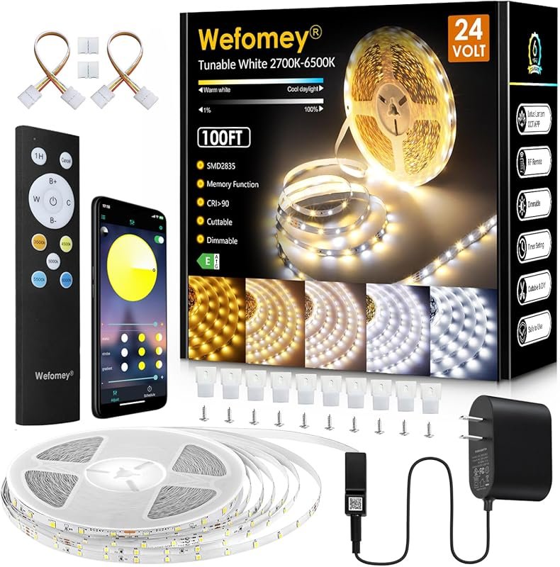 Wefomey 100ft Dimmable LED Strip, 24V with Remote & App Control, 2700K