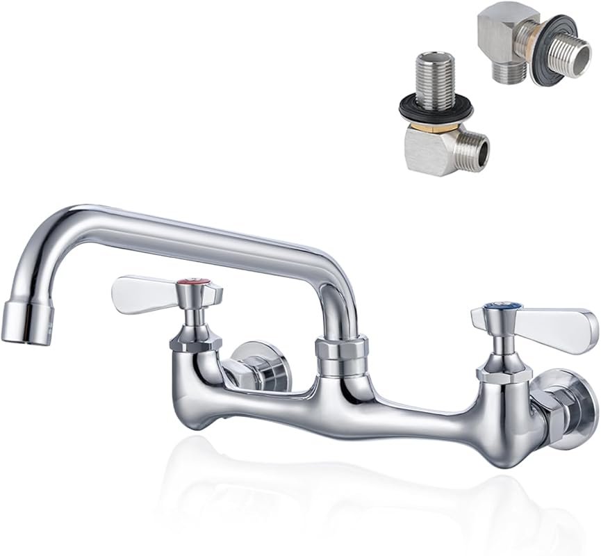Wall Mount Commercial Sink Faucet with 8-Inch Center, 8-Inch Swivel Spout, Dual Handle