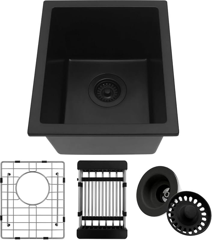 13x15 Inch Black Granite Composite Undermount Bar Sink, Deep Single Bo