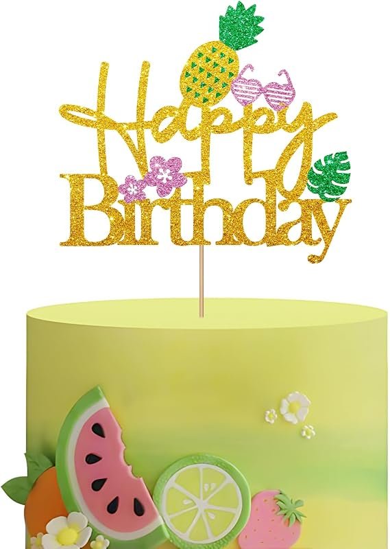 Pineapple Happy Birthday Cake Topper - Tropical Gold Glitter Summer Fr