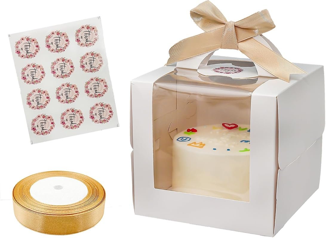 12 Pack 6x6x6 Inch Cake Boxes with Handles, Boards, Silk Ribbon, and S