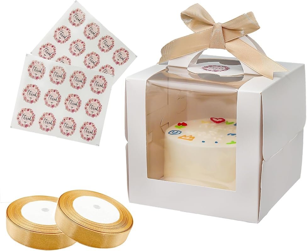 24 Set 6x6x6 Inch Cake Boxes with Handles, Boards, 140ft Silk Ribbon, 