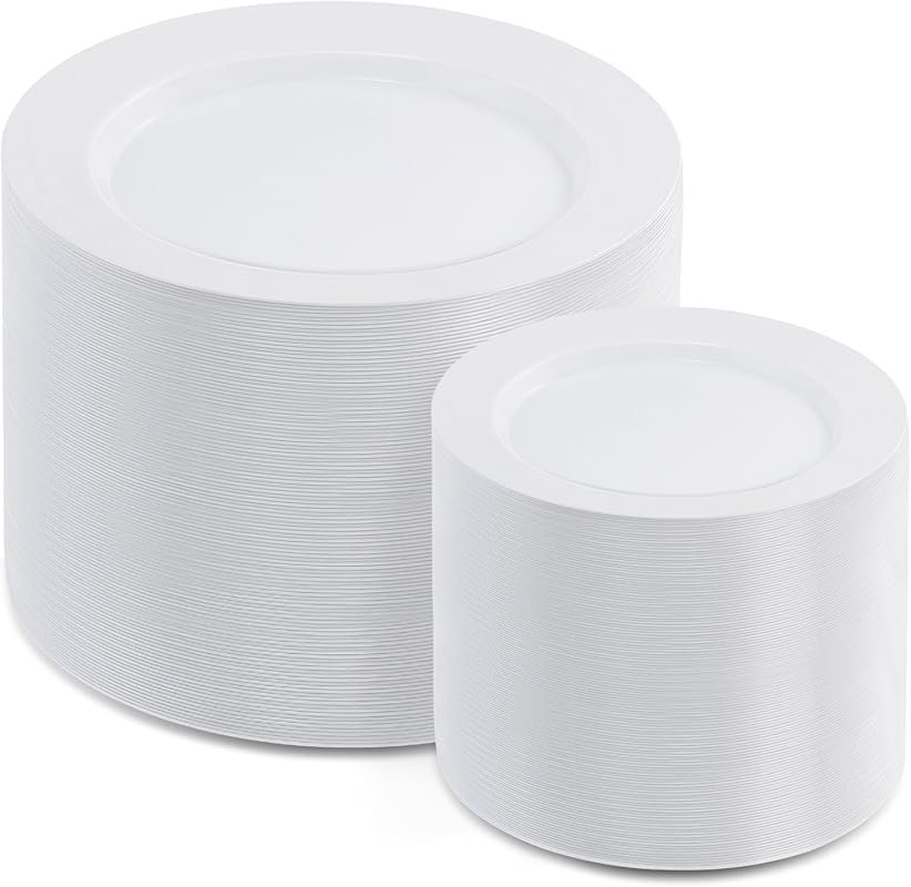 AOZITA 200-Piece White Plastic Plates, Premium Heavy Duty Disposable Dinner