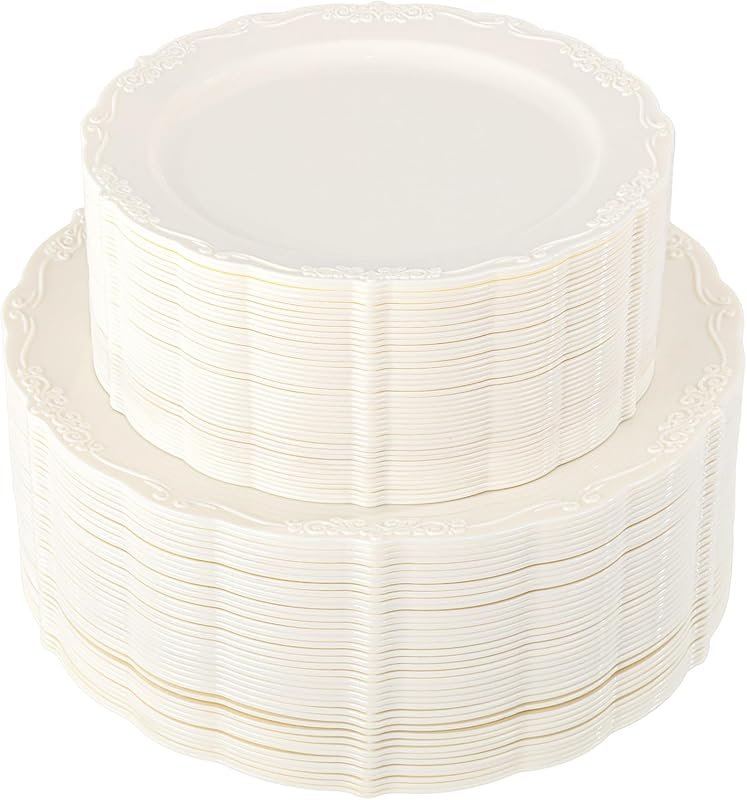 U-QE 100-Piece Ivory Plastic Plates, Heavy Duty Disposable Dinner