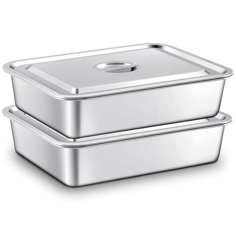 2 Pack Stainless Steel Bus Tubs with Lids 13L 4-Inch Deep Box Food Gra