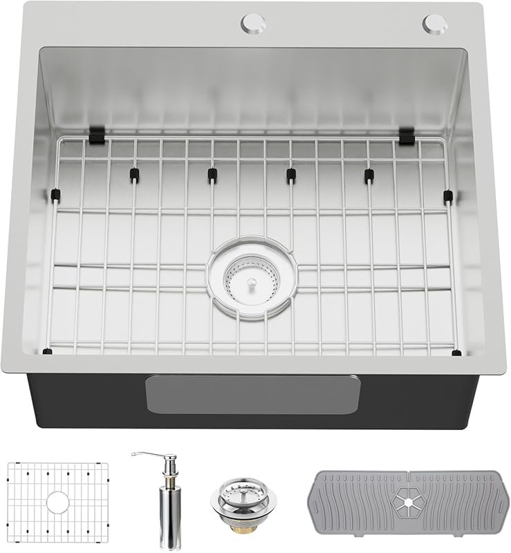Stainless Steel Drop In 25x22 Inch Single Bowl Bar Sink with Grid Sili