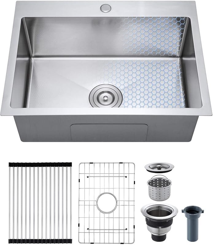 ROVOGO 24 Inch Drop-In 304 Anti-Scratch SS 9 Deep Sink Drying Rack Bo