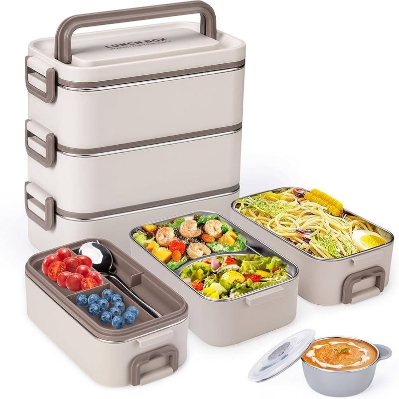 Stackable 3-Layer 304 Stainless Steel Bento Box with 3L Capacity, Incl
