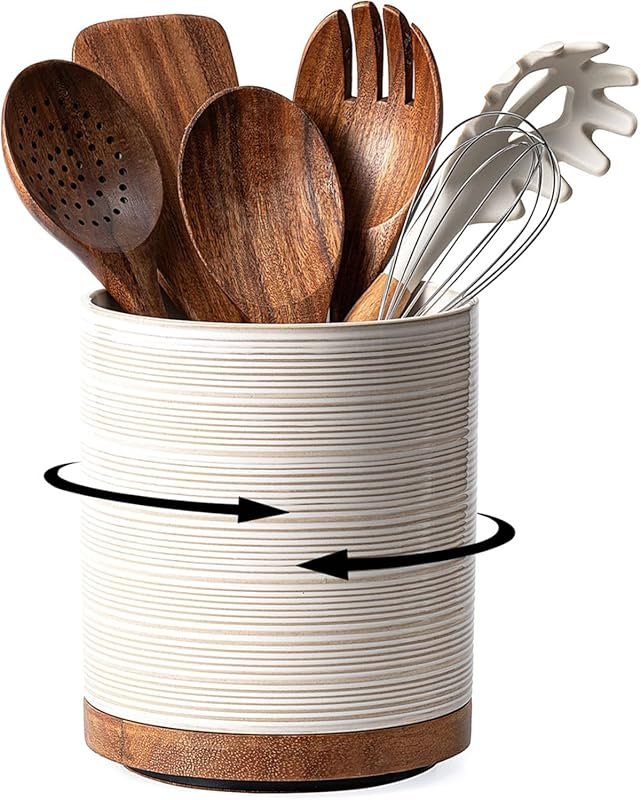 Extra Large Ceramic Kitchen Utensil Holder with 360° Rotating Wooden B