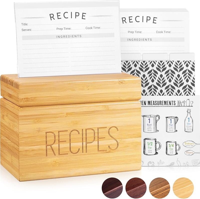 Apace Living Vintage Sapele Wood Recipe Box with 50 Cards, Dividers, 4
