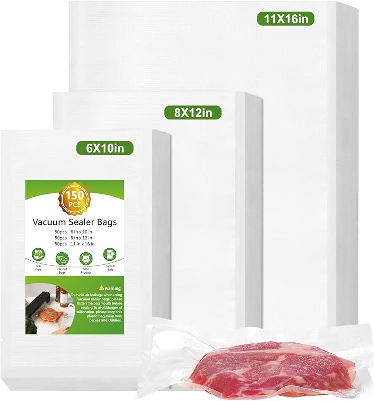 150 precut vacuum sealer bags with 50 gallon 11x16, 50 quart 8x12, 50 pint 6x10