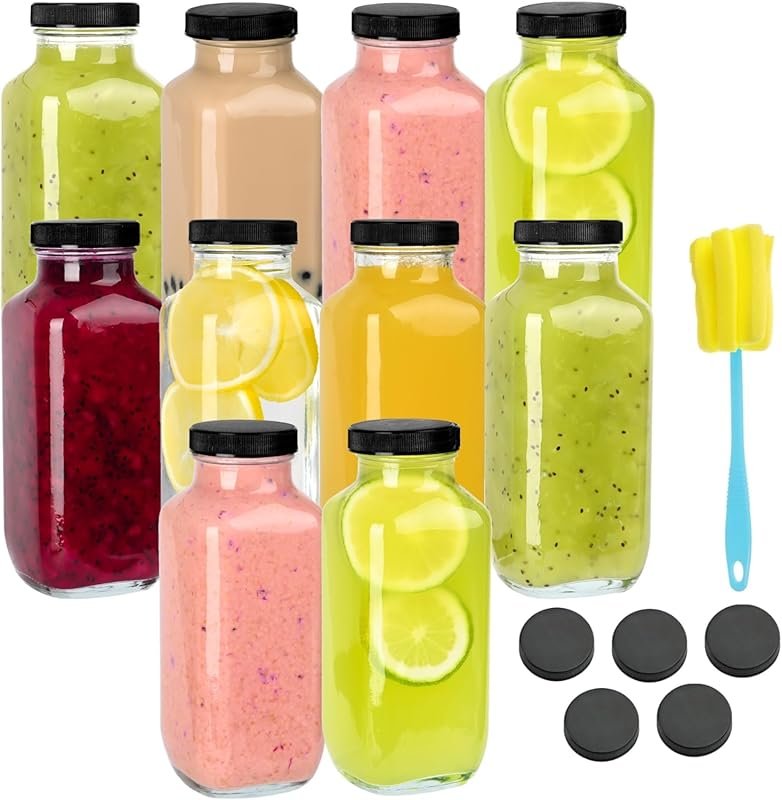 10 Pack 16oz Glass Juice Bottles with Airtight Lids and Cleaning Brush