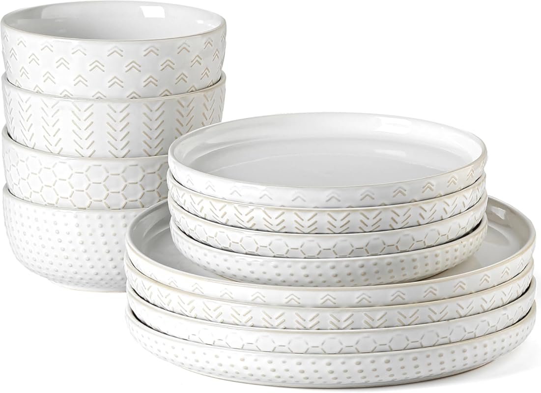 Stoneware Dinnerware Set for 4, 12 Piece Reactive Glaze Plates and Bow