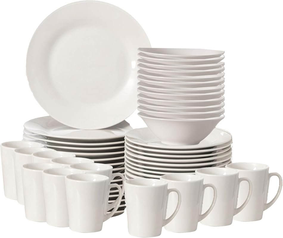 48-Piece Rimmed Dinnerware Set for 12, White Chip Resistant Plates Bow