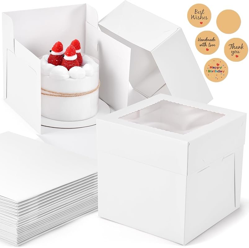12 Pack 6x6x6 Inch White Mini Cake Boxes with Window for Pastries, Coo