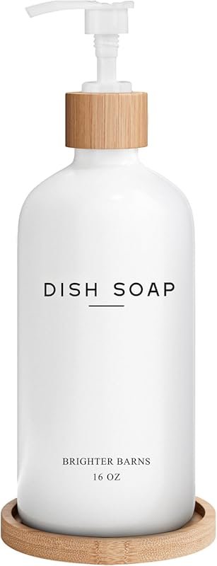 Brighter Barns White Glass Soap Dispenser Set with Tray, Bamboo Pump f