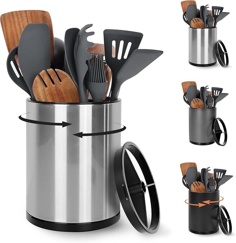 Nigelia Extra Large Kitchen Utensil Holder: 360° Rotating Stainless St