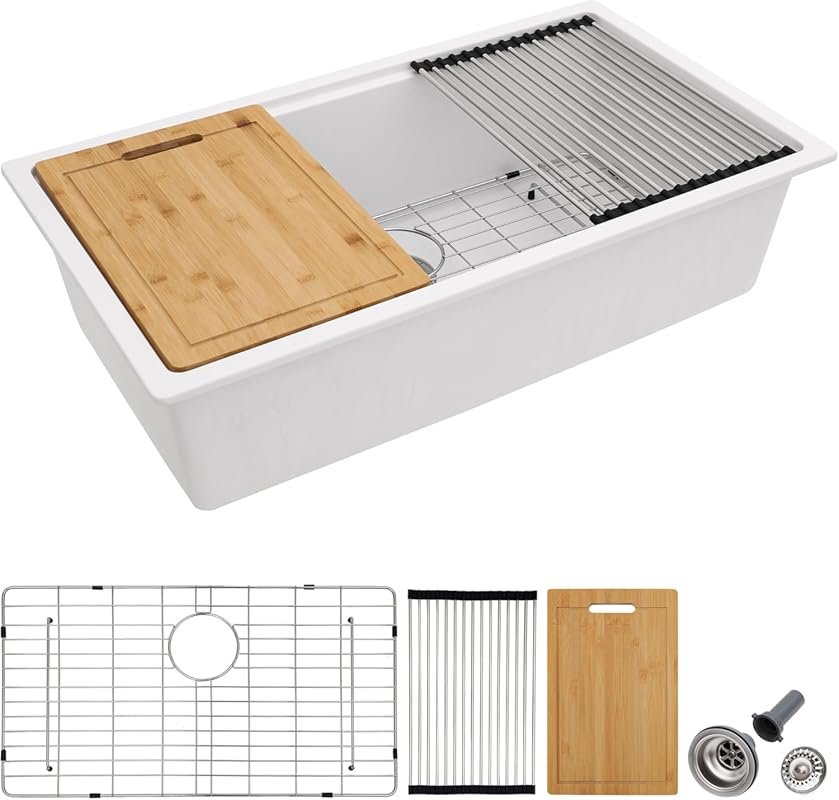30x19 Inch White Granite Composite Undermount Kitchen Sink Workstation
