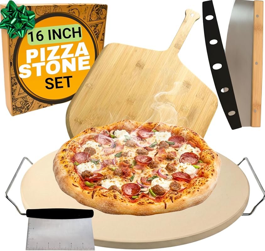Large 16-Inch Round Pizza Stone with Handles, Wood Peel, and Cutter fo