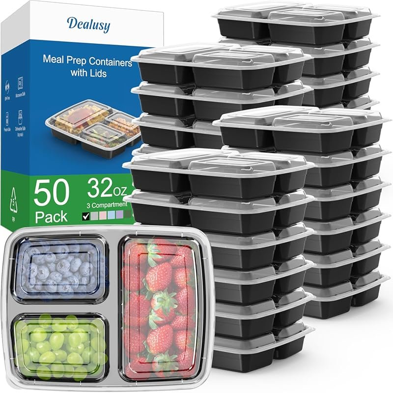 50 Pack (100-Piece) 32 oz Reusable 3-Compartment Meal Prep Containers 