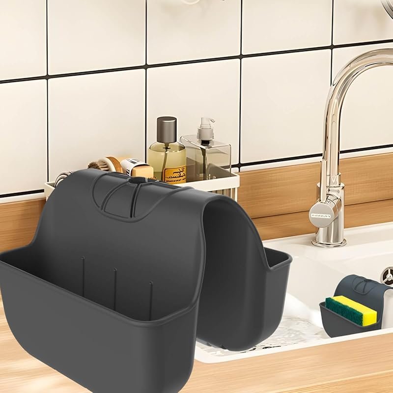 Black Silicone Sponge Holder for Kitchen Sink, Over Faucet Hanging Cad