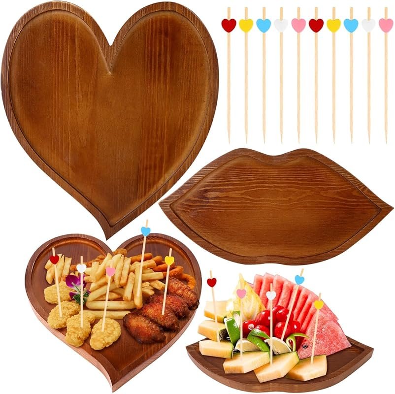 2-Piece Heart Shaped Wood Charcuterie Board Set with 100 Heart Cocktai