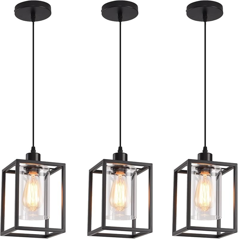 Industrial 3-Pack Black Lantern Pendant Lights with Clear Glass Shade,
