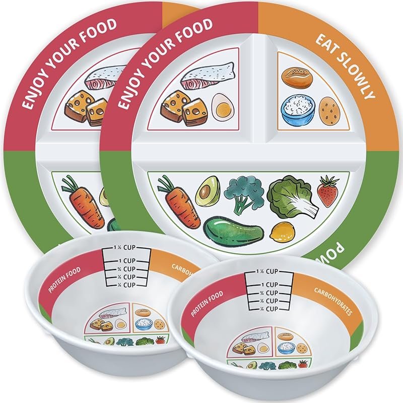 4-Pack 9-Inch Portion Control Plates & Bowls Set, for Weight Loss and