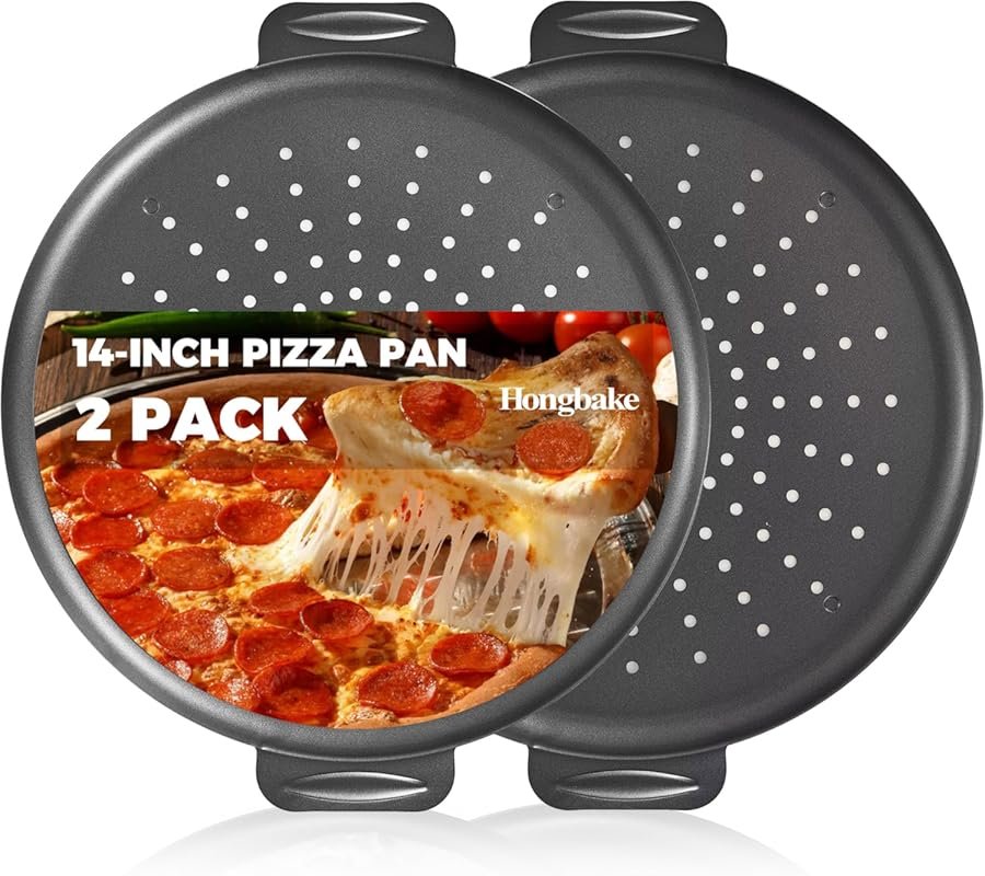 HONGBAKE 2 Pack 14-Inch Nonstick Rust-Free Carbon Steel Perforated Piz
