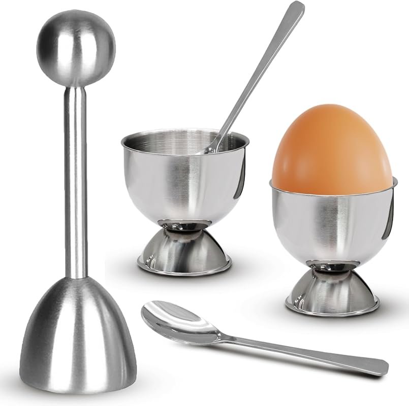 Egg Cups & Cracker Set of 5: Stainless Steel Topper Cutter with 2 Hold
