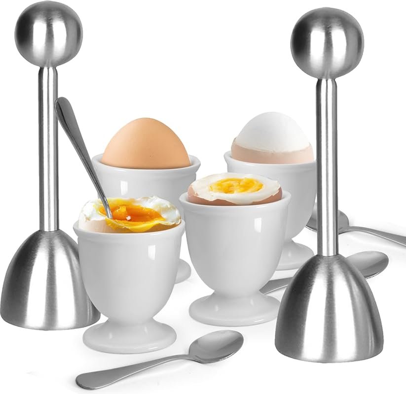 Egg Cups and Cracker Set – 2 Steel Egg Cutters, 4 Spoons, 4 Ceramic St