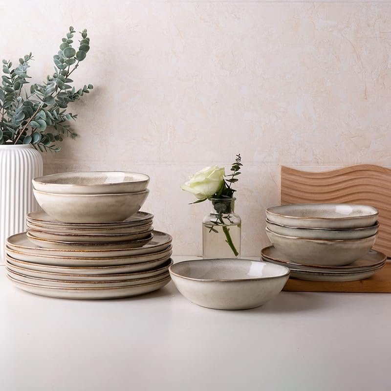 AmorArc Ceramic Dinnerware Set, 36-Piece Handmade Reactive Glaze Stone