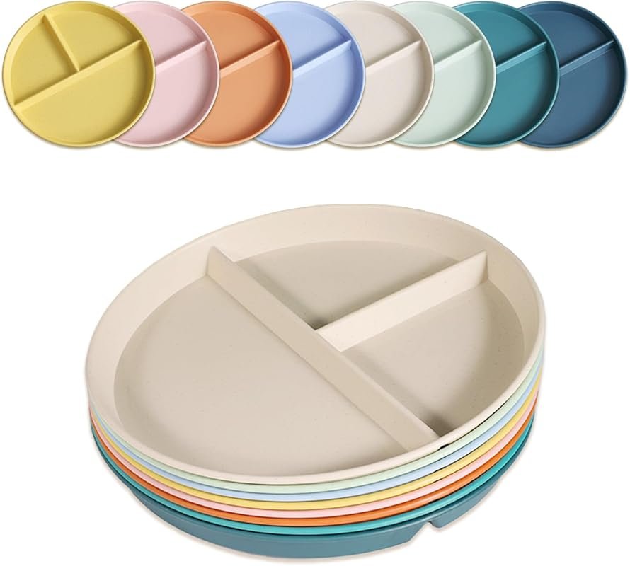 8-Pack Unbreakable 9-Inch Divided Portion Control Plates for Adults, L
