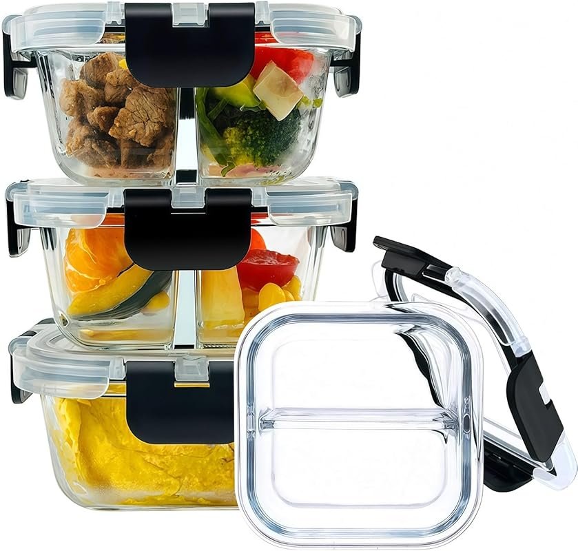 Bariatric 3-Pack 8 oz Glass Meal Prep Containers with Two 4 oz Compart