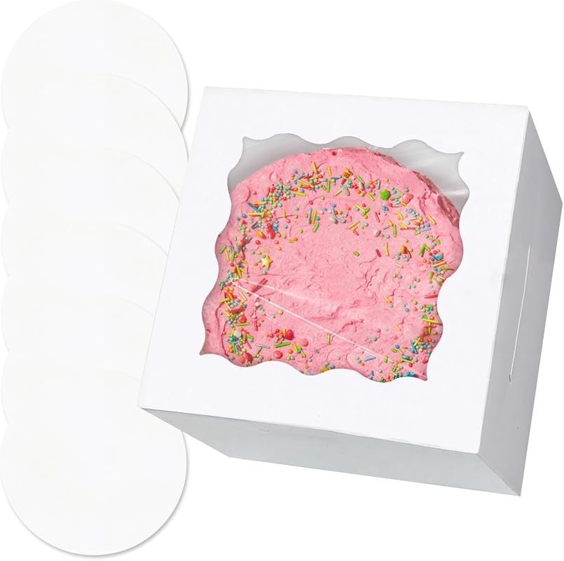 qiqee 4 Pack White 6x6x5 Inch Cake Boxes with Round Boards for Cookies