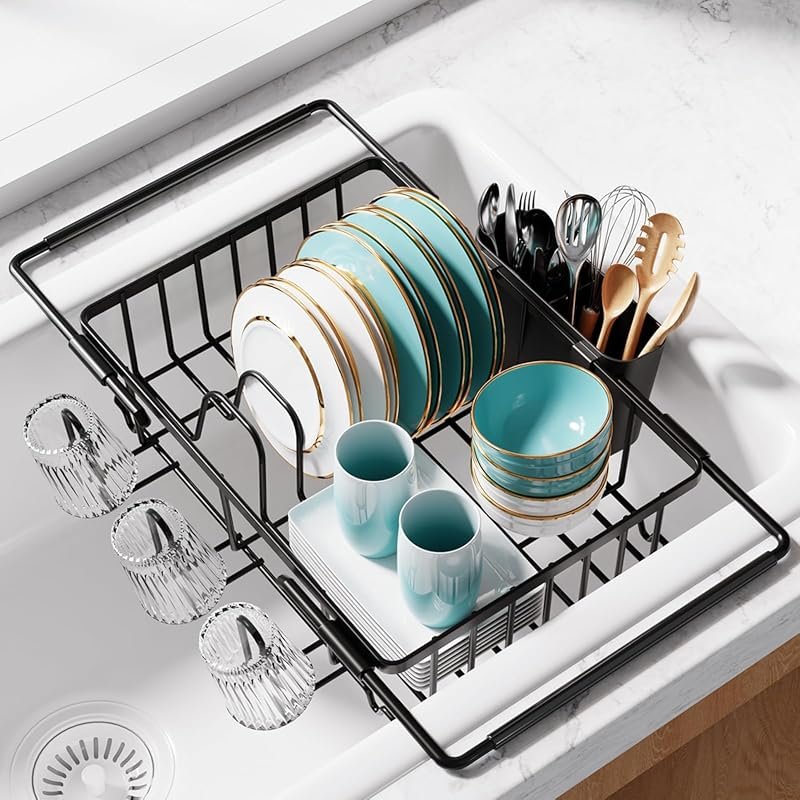 Sakugi Expandable Dish Drying Rack in Sink, Stainless Steel with Cutle