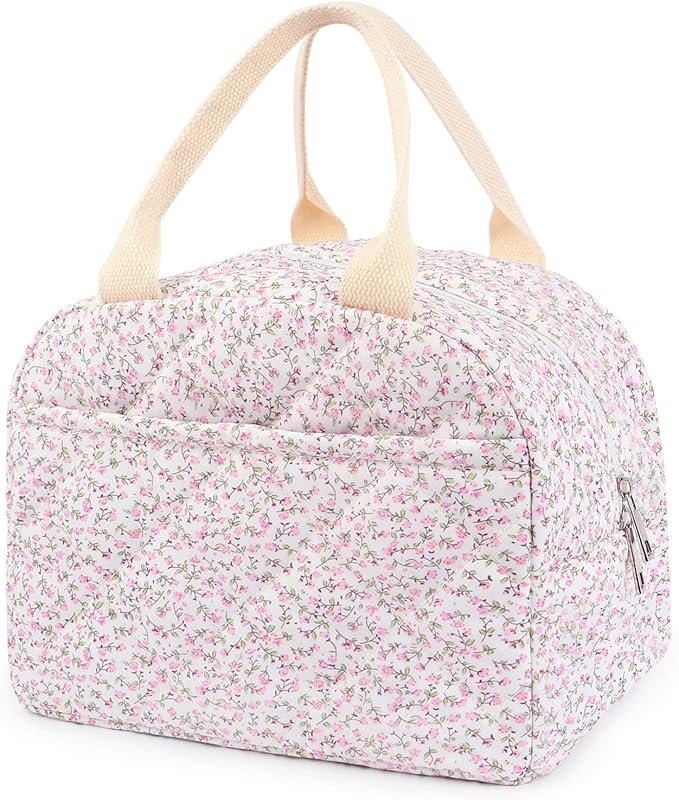 Dark Swan Cotton Quilted Insulated Lunch Bag, Cute Floral Tote Reusabl