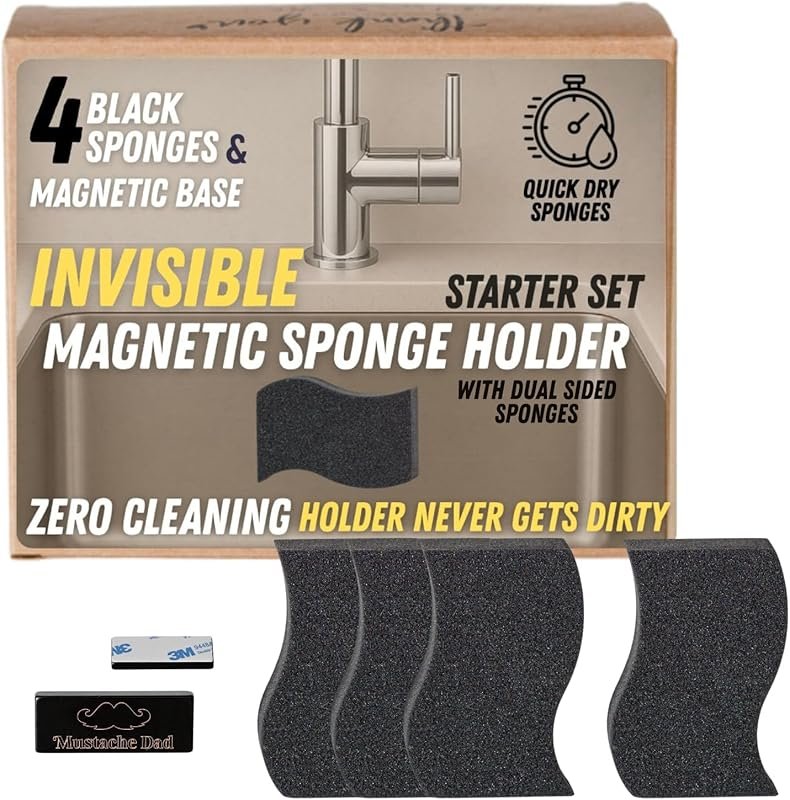 Mustache Dad Invisible Magnetic Sponge Holder for Kitchen Sink - Inclu