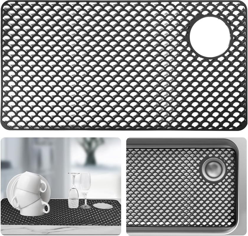 Large Kitchen Sink Protector Mat 28.4x15 Inch Heat Resistant Non-Slip with Right Side Top Hole for Stainless Steel Sink Black